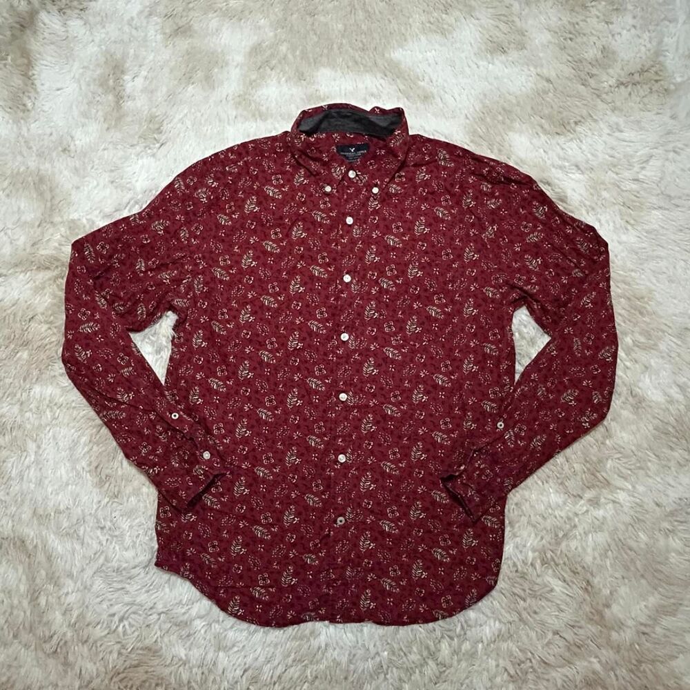 American-eagle Men's Burgundy and Red Shirt
